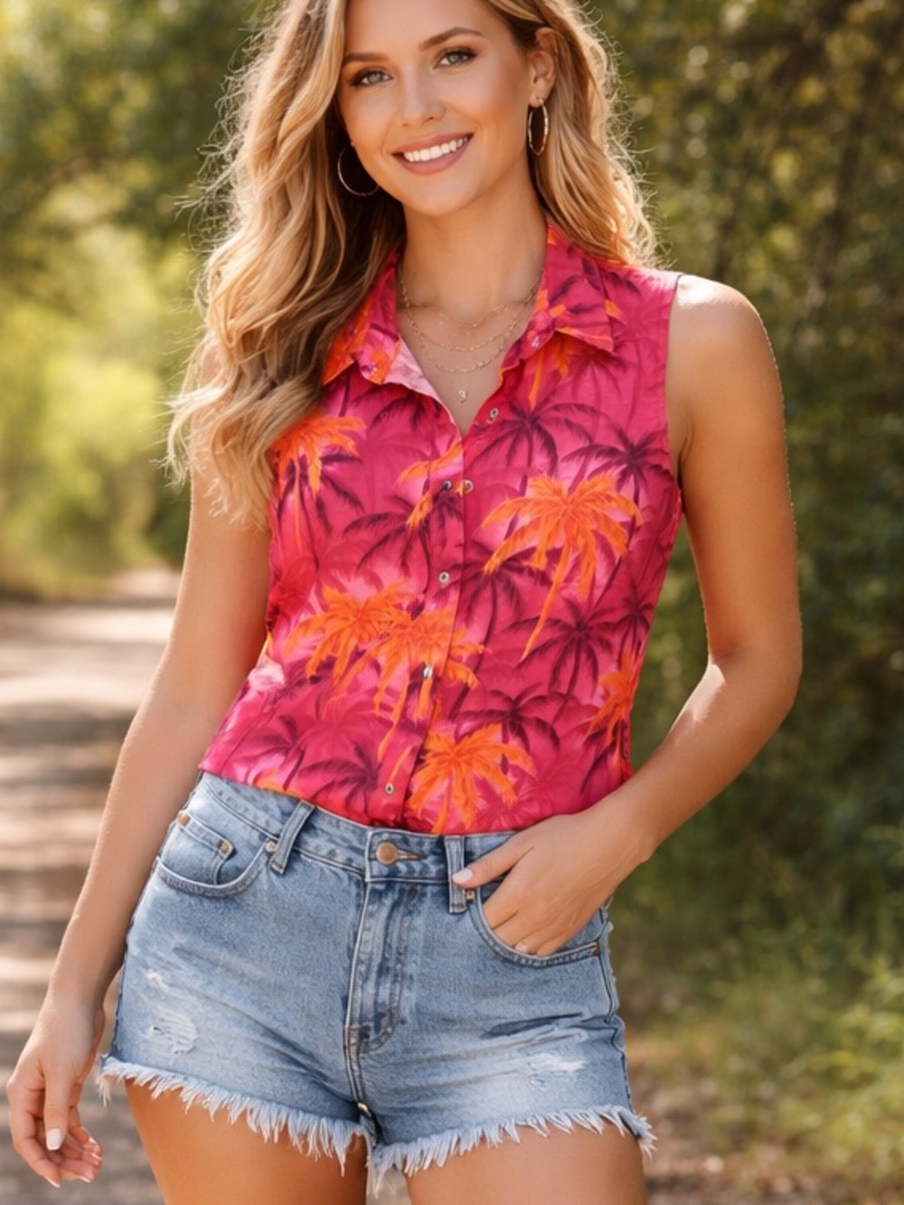 Panhandle Slim Pink and Orange Palm Print Sleeveless Button-Front Shirt